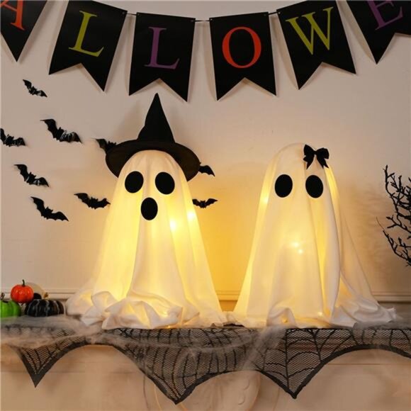 Set of 2 Light Up Halloween Ghost Decorations with Timer for DIY Spooky Display - Picture 4 of 7